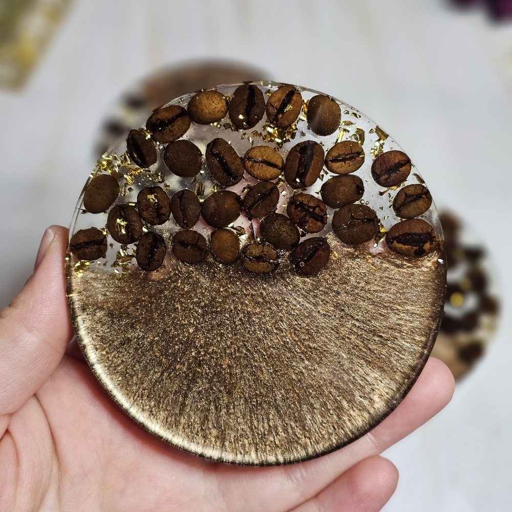 Hand Crafted Brown Gold Flake  Coaster with Real Coffee Beans